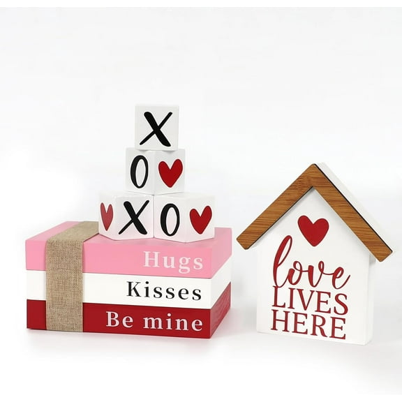 Valentine Tabletop Decoration Valentine Decorations for Home Wood Centerpieces Book Stack with XOXO Blocks for Valentine Freestanding Indoor Party Decor
