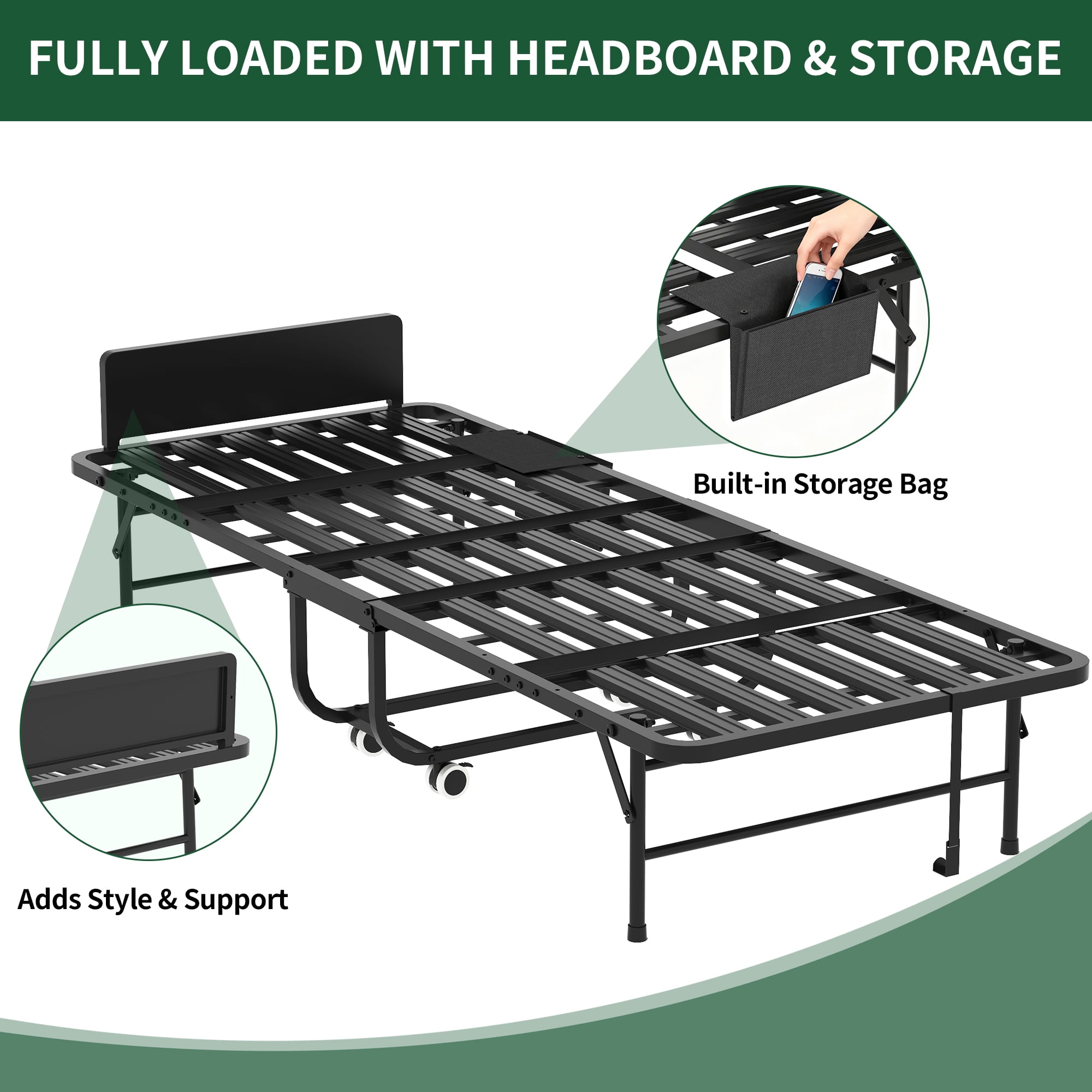 HOQBN 75"x31" Folding Bed with Adjustable Headboard & 5" Memory Foam,Twin Size Portable Foldable Bed with Wheels,Easy Assembly