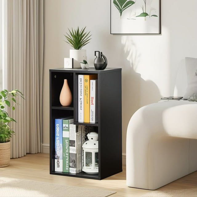 VECELO Bookcase Wooden Bookshelf with 3-Shelf Storage, Freestanding Organizer Display Shelf for Living Room Home Office, Black