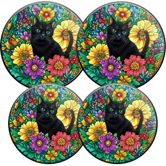 Electric Stove Burner Covers,4 Pcs Round Gas Burner Cover,8 and 10 Inch,black cat in flowers