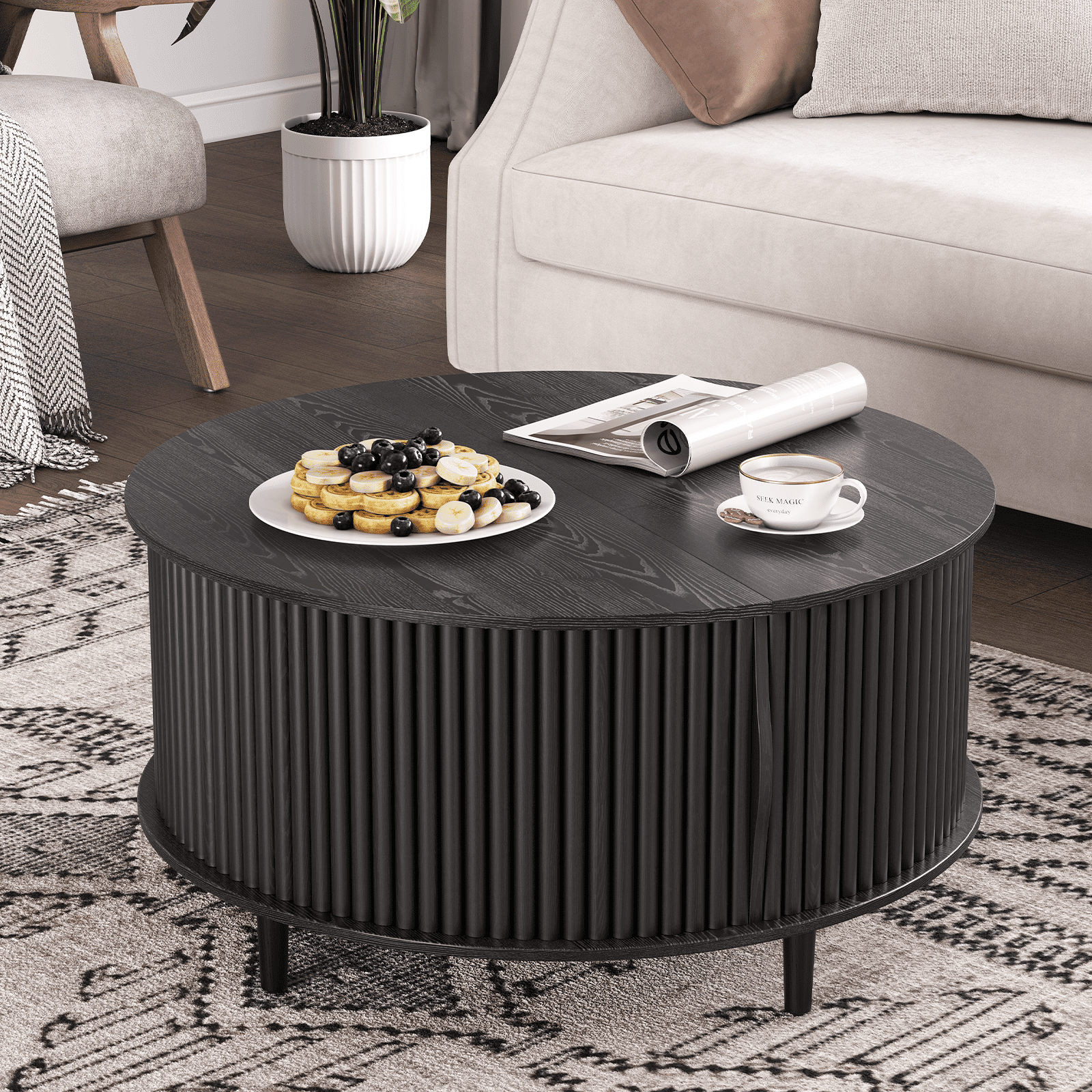 JOINICE Round Coffee Table with Hidden Compartment and Open Storage Shelf,Waveform Panel Sofa Table for Living Room,Black
