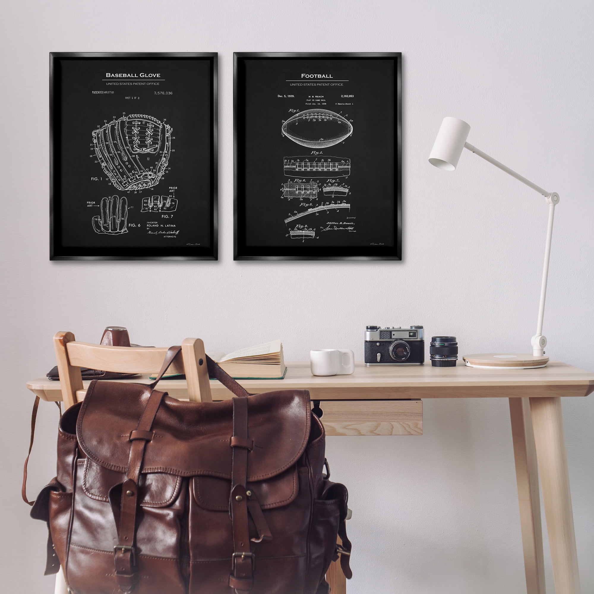 Stupell Industries Football Baseball Glove Patent Education Painting Black Floater Framed Canvas Art Print Wall Art, 31 x 25, Set of 2