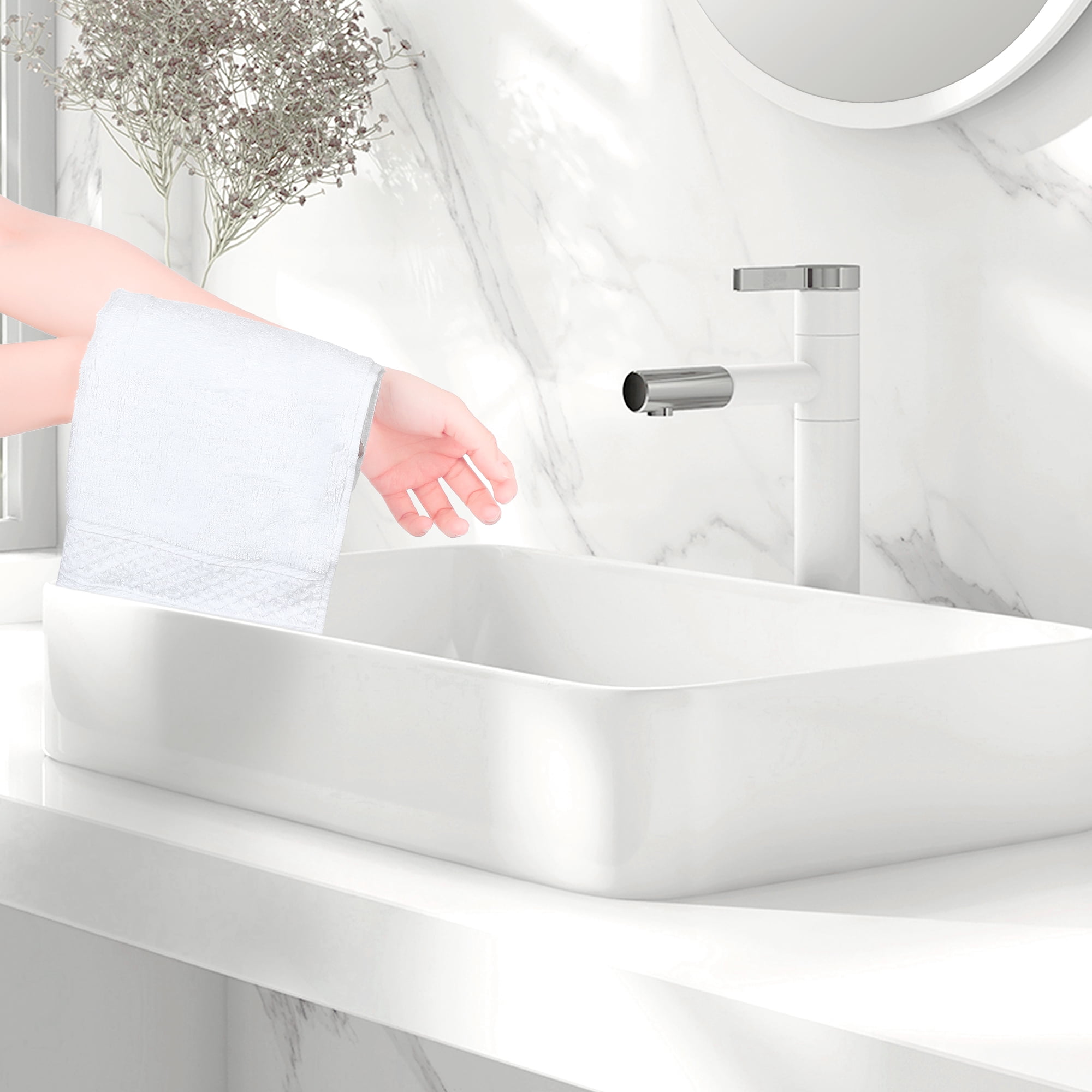 Unique Bargains Geometric Washcloths Set Cotton Bath Towels Low Lint White 12
