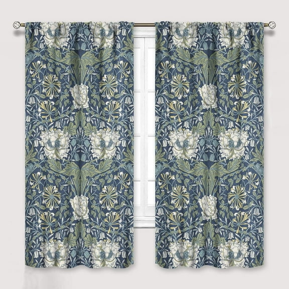 William Morris Floral Curtains, Watercolor Vintage Flower Art Style Room Windows Treatments for Bedroom Living Room, Boho Chic Green Floral Printed Drapes 2 Panel Sets,42x63 Inch