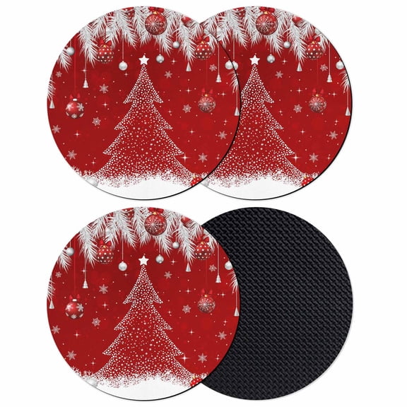 Red Christmas Tree Coasters Set of 4, Absorbent Coasters for Drinks, Xmas Balls Pine Needles Snowflake Coaster for Desk Coffee Table Protection, Home Decor House Warming Gifts 4"