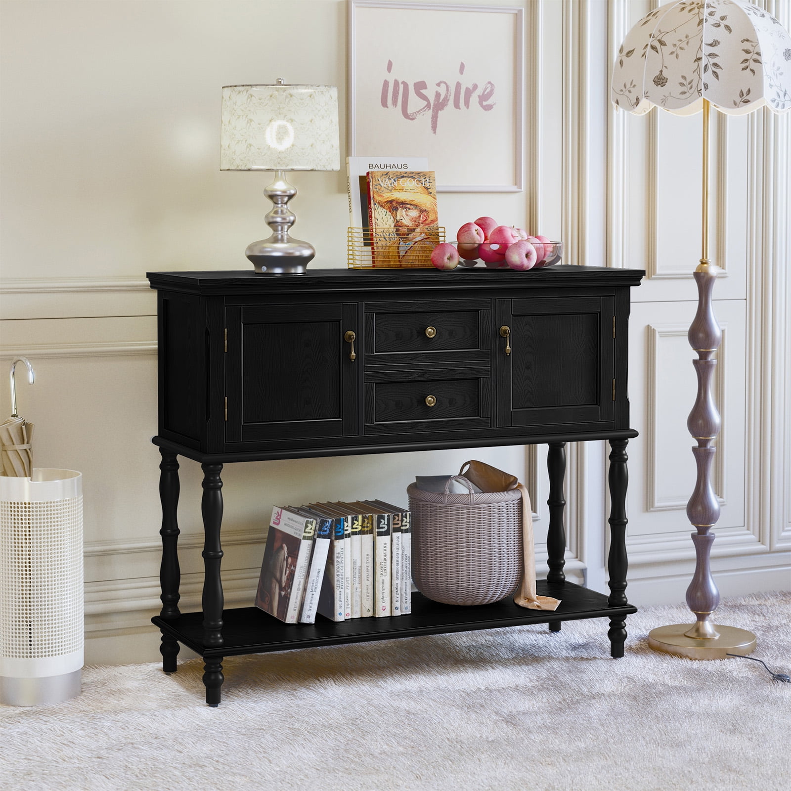 HLR 42" Farmhouse Modern Console Table, Entryway Table with Storage Shelf for Living Room, Black