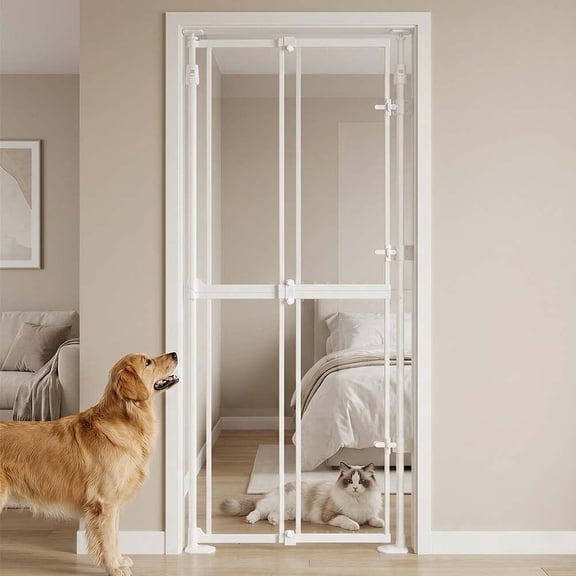 unipaws Transparent Cat Safety Gate, 75"-98" Height and 21"-34" Wdie Adjustable, Auto Closing and No Drilling, Extra Tall Cat Door for Doorway, Stairs, White