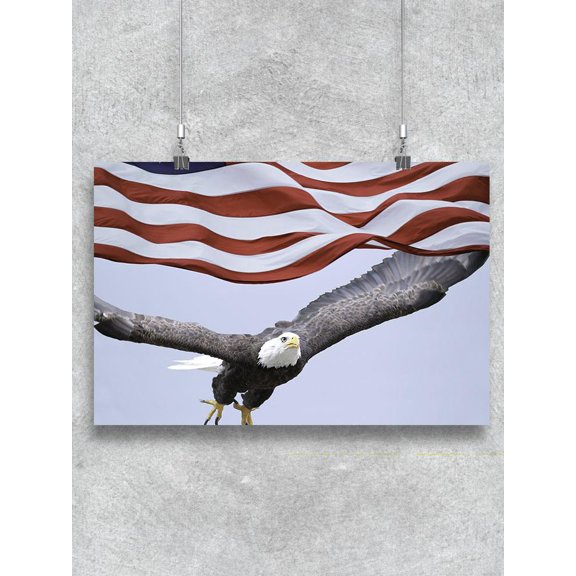 Eagle Flying With Flag Poster -Image by Shutterstock