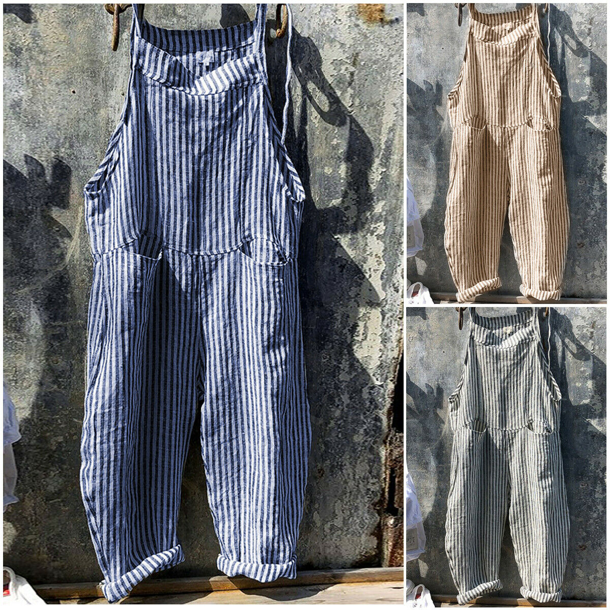 striped linen dungarees
