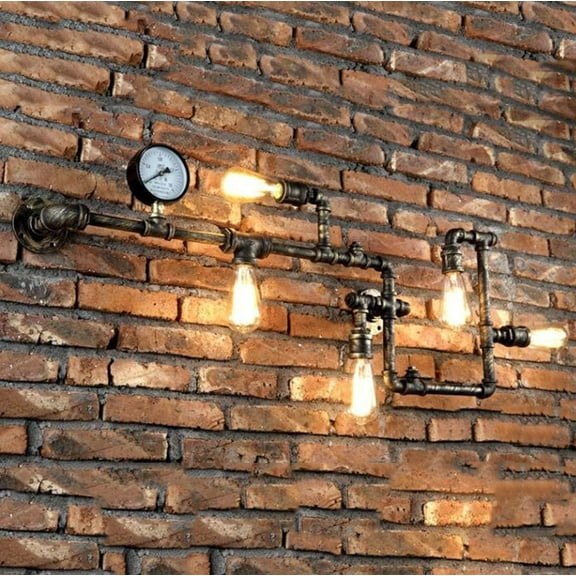 Vintage Wall Sconce, Industrial water pipe Wall Light, 5 lights,E27 With Pressure Gauge Lighting Wall Lamp for House, Bar, Restaurants, Coffee Shop, Club Decoration,Black