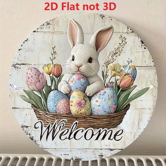 1pc Easter Bunny Welcome Spring Metal Sign, 8", Pastel Easter Eggs Tulips Wall Decor, Rustic Farmhouse Decor, Aluminum Hanging Art for Indoor/Outdoor Door, Garden, Easter Gift Idea, 2D Flat
