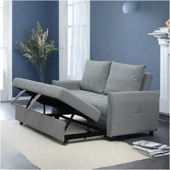 JERFIT Modern Convertible 3-in-1 Velvet Sleeper Sofa Bed with Storage Pockets & USB Charging, Light Blue Futon for Living Room