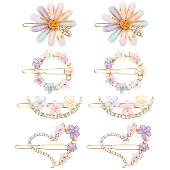 PAGOW 8 pinzas para el pelo lindas para mujeres y niñas, margaritas, corazón, luna, horquillas con purpurina, flores de cristal, pasadores de diamantes de imitación, joyas de metal hechas a mano, boda