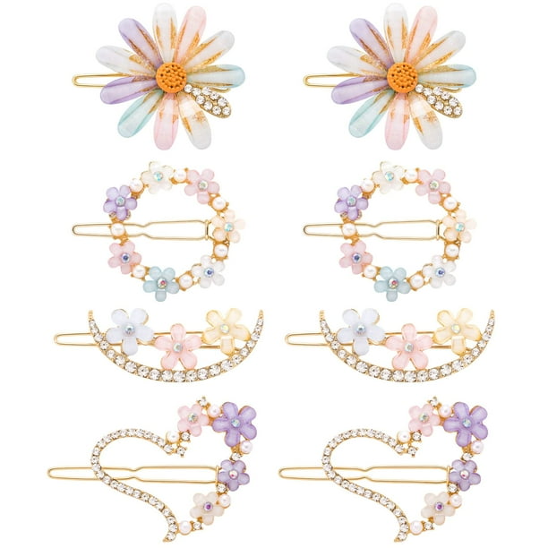 PAGOW 8 pinzas para el pelo lindas para mujeres y niñas, margaritas, corazón, luna, horquillas con purpurina, flores de cristal, pasadores de diamantes de imitación, joyas de metal hechas a mano, boda