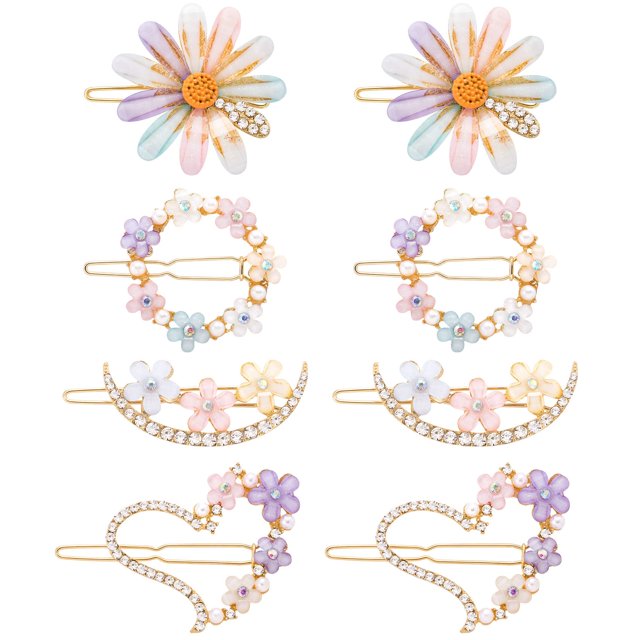 PAGOW 8 pinzas para el pelo lindas para mujeres y niñas, margaritas, corazón, luna, horquillas con purpurina, flores de cristal, pasadores de diamantes de imitación, joyas de metal hechas a mano, boda