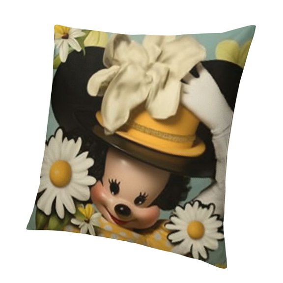 Spring Cartoon Mouse Decorative Throw Pillow Covers, Daisy Flower Bloom Gather Love Yellow Cushion Case Decor, Blue Plaid Stripes Farmhouse Home Decoration for Sofa Couch