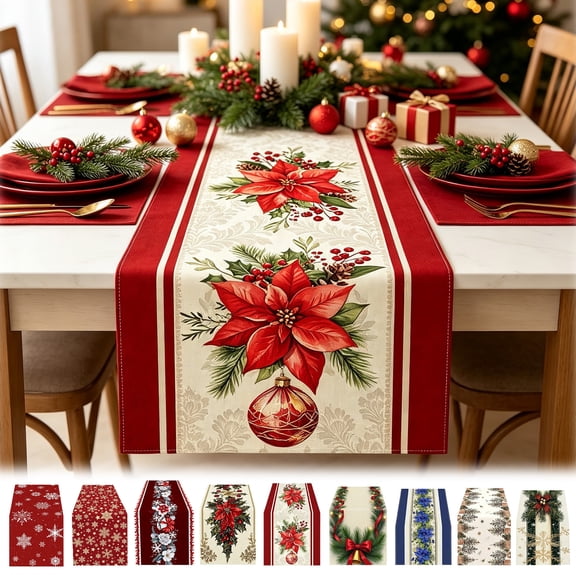 Yeciiwht Christmas Table Runner, Classic Linen Table Runner with Christmas Themed Print, Washable Xmas Table Cover for Dining Table Holiday Kitchen