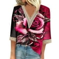 thumbnail image 2 of Hauts pour Femmes Mode d'Été Col en V Manches 3/4 Imprimé T-shirt Décontracté Blouse Hauts de Sortie pour Femmes en Solde, 2 of 5