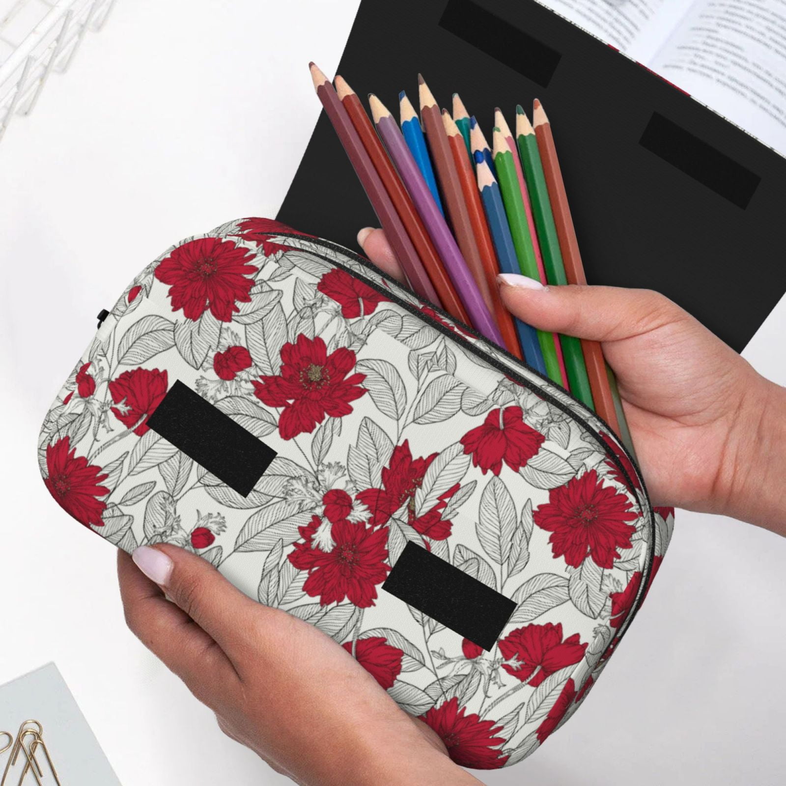 Rateoe Leaves And Anemone Flowers In Red Grey Pattern Double Clamshell Pen Case, Storage Organizer with Two Zipper Compartments– Holds Up to 50 Pencils & Pens