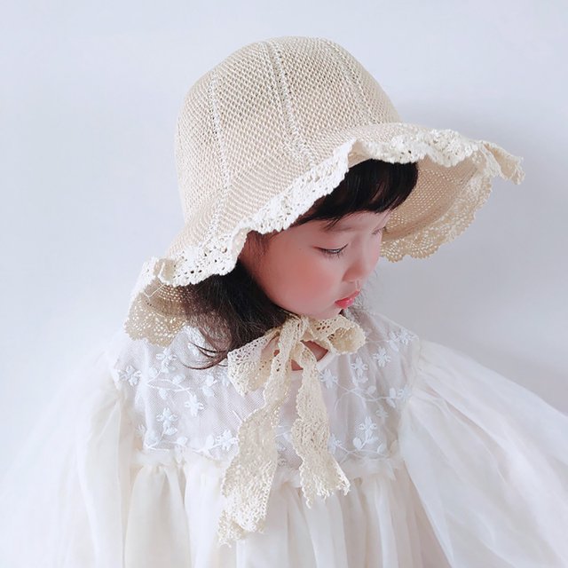 Pudcoco Toddlers Straw Hat Lace Decoration Outdoor Sun Protection Bucket Cap