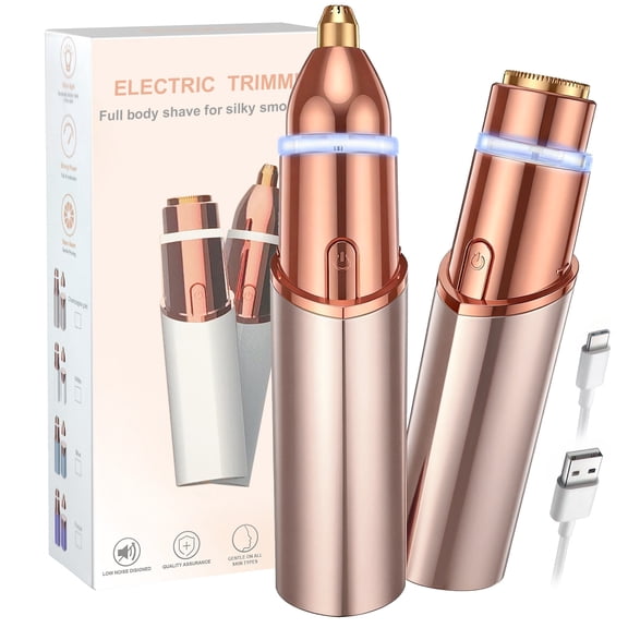 Hoeylife Facial Hair Remover for Women - 2 in 1 Electric Painless Hair Removal Device & Eyebrow Shaver - Painless Face Shaver with Built-in LED Light (Rose Gold)