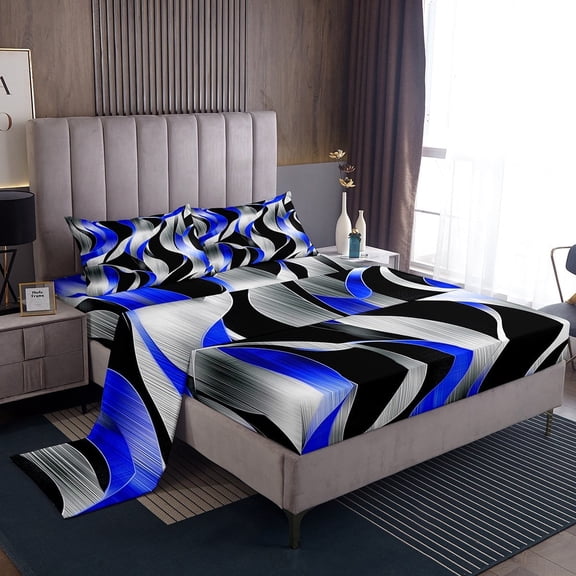 Erosebridal Blue Stripes Sheet Set Twin,Abstract Artwork Bedding Sets Twin Size,Spiral Lines Twin Sheet Sets,Lightweight Geometric Bedroom Decorative,3pcs