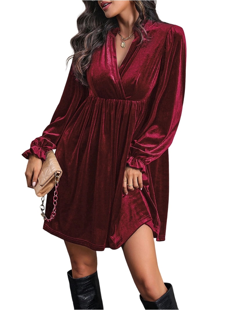 Women Elegant Retro Short Loose V-Neck Long Sleeve Velvet Solid Color Dress  Fall Winter Fashion Clothing Navy Blue XL