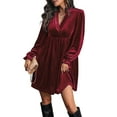 thumbnail image 2 of Women Elegant Retro Short Loose V-Neck Long Sleeve Velvet Solid Color Dress Fall Winter Fashion Clothing Wine Red S, 2 of 9