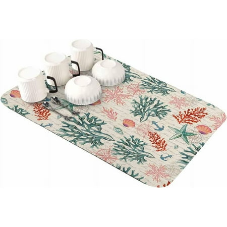 

Green Coral Starfish Dish Drying Mat for Kitchen Counter Super Absorbent Quick Dry Coffee Bar Mat Pad Thin Diatomaceous Sink Mat Non Slip Dish Drainer Mat 16x18 Nautical Compass Anchor Tropical Reef