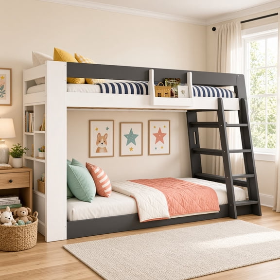 Twin Over Twin XL Bunk Bed with Storage Shelves & Guardrail Storage Basket, Space-Saving Wood Bunk Bed with Wide-Step Ladder, No Box Spring Needed for Guest Room Dormitory