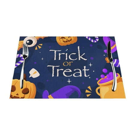 

XMXT Woven Placemats Set of 4 Trick or Treat Halloween Prints Stain Resistant Table Runner Anti-Skid Place Mats for Dining Table 12 x 18 inches