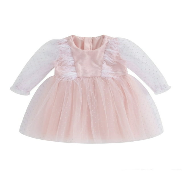 EIMELI Robe Tutu en Tulle pour Bébé Fille, Robe Courte à Manches Longues pour Tout-Petit avec Garniture en Plumes, Robe de Fête Princesse d'Automne à Col Rond