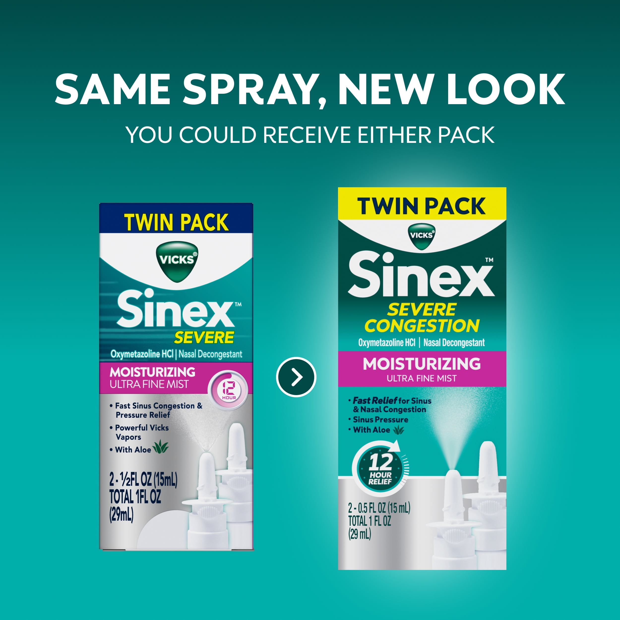 Vicks Sinex Severe Moisturizing Ultra Fine Nasal Mist with Aloe, 265 Sprays x 2