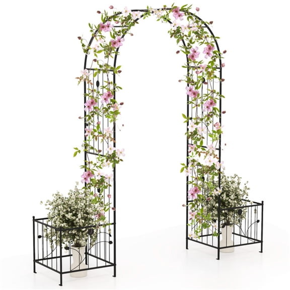 80 Inch Outdoor Garden Trellis with 2 Side Planters, Metal Arch Trellis for Climbing Plants, Decorative Arbor with 8 Ground Stakes for Flowers, Vegetables, Wedding Decor, Black