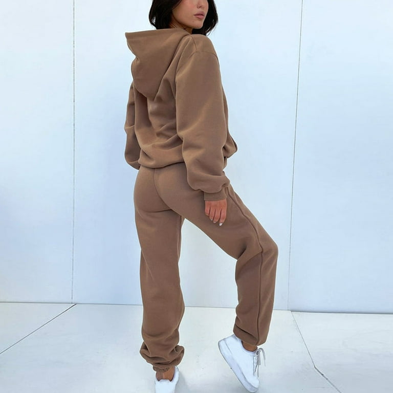 2 Piece Cotton Sweatsuits for Women with Hood Pocket Workout Sports Outfits  Fleece Hoodie and Jogger Pant Sets (X-Large, Khaki)