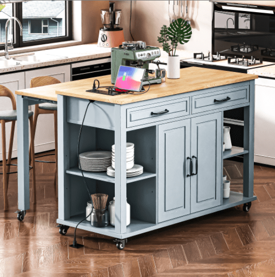 Euroco 47 inch Kitchen Island with Extendable Dining Table, Rubber Wood Veneer Kitchen Table with Internal Storage Rack