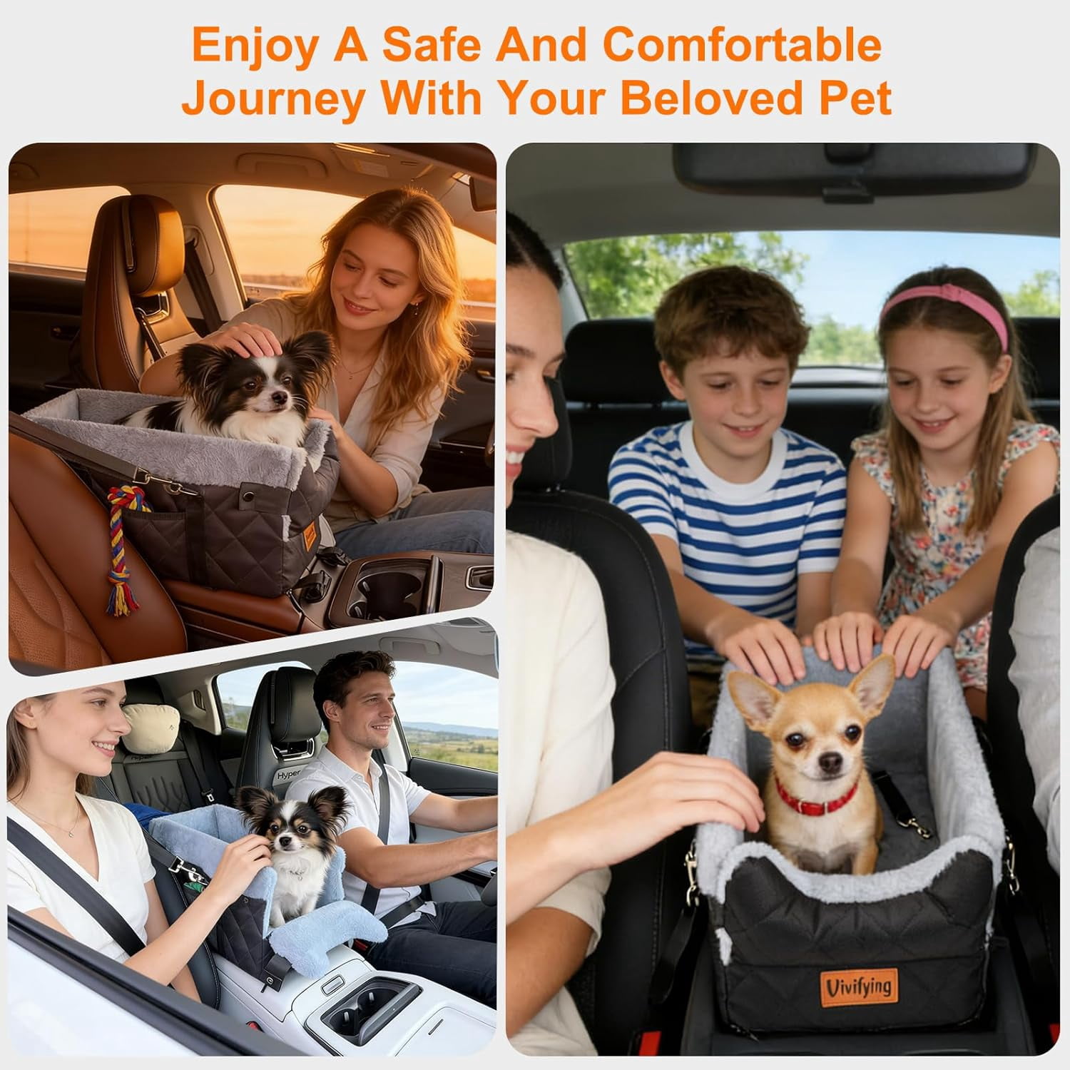 Center Console Dog Car  for Small Dogs  to 10 lbs, Plush Pet Booster  with Safety Leash, Adjustable Straps, Storage Pocket, Portable Car  for Puppies, Black &
