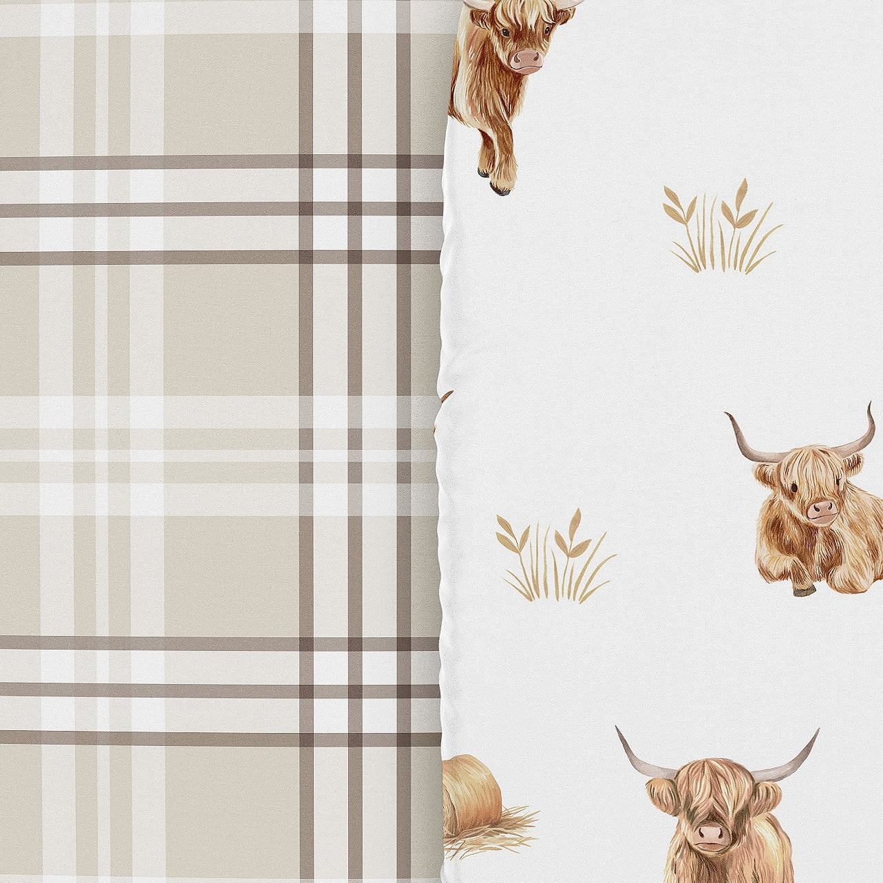 Sweet Jojo Designs Boho Highland Cow & Plaid Boy, Girl, Unisex/Gender Neutral Baby Bassinet Fitted Sheets Set 2 Piece