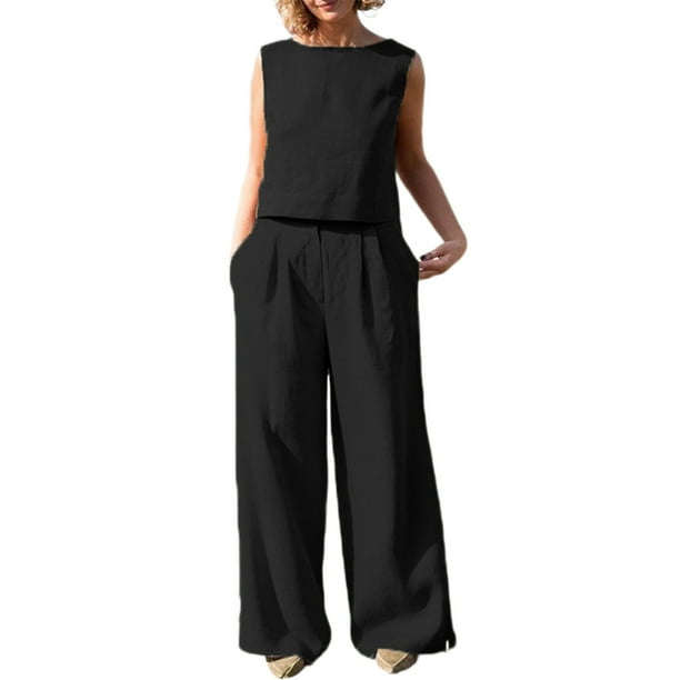 Completo Pantalone Lungo Conjunto de pantalones de 2 piezas para mujer, informal, de cintura alta, cuello redondo, cremallera, atuendo diario de alta costura Ygjytge Negro S para Mujer