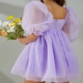 thumbnail image 4 of Robe Princesse d'Été pour Femme en Tulle Bouffant, Unie, Col Carré, Manches Bouffantes, Robe Courte, Volants, Maille, Robe Courte de Fête, Grande Taille, 4 of 7