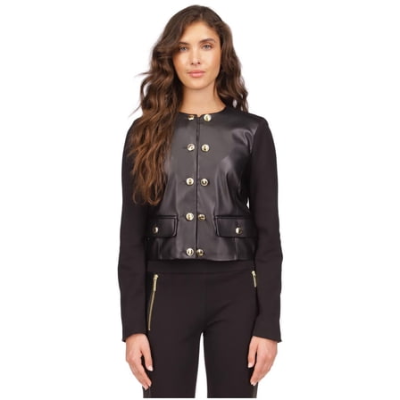 Michael Kors Womens Ponte Knit Faux-Leather Jacket, Black, Petite, 2P