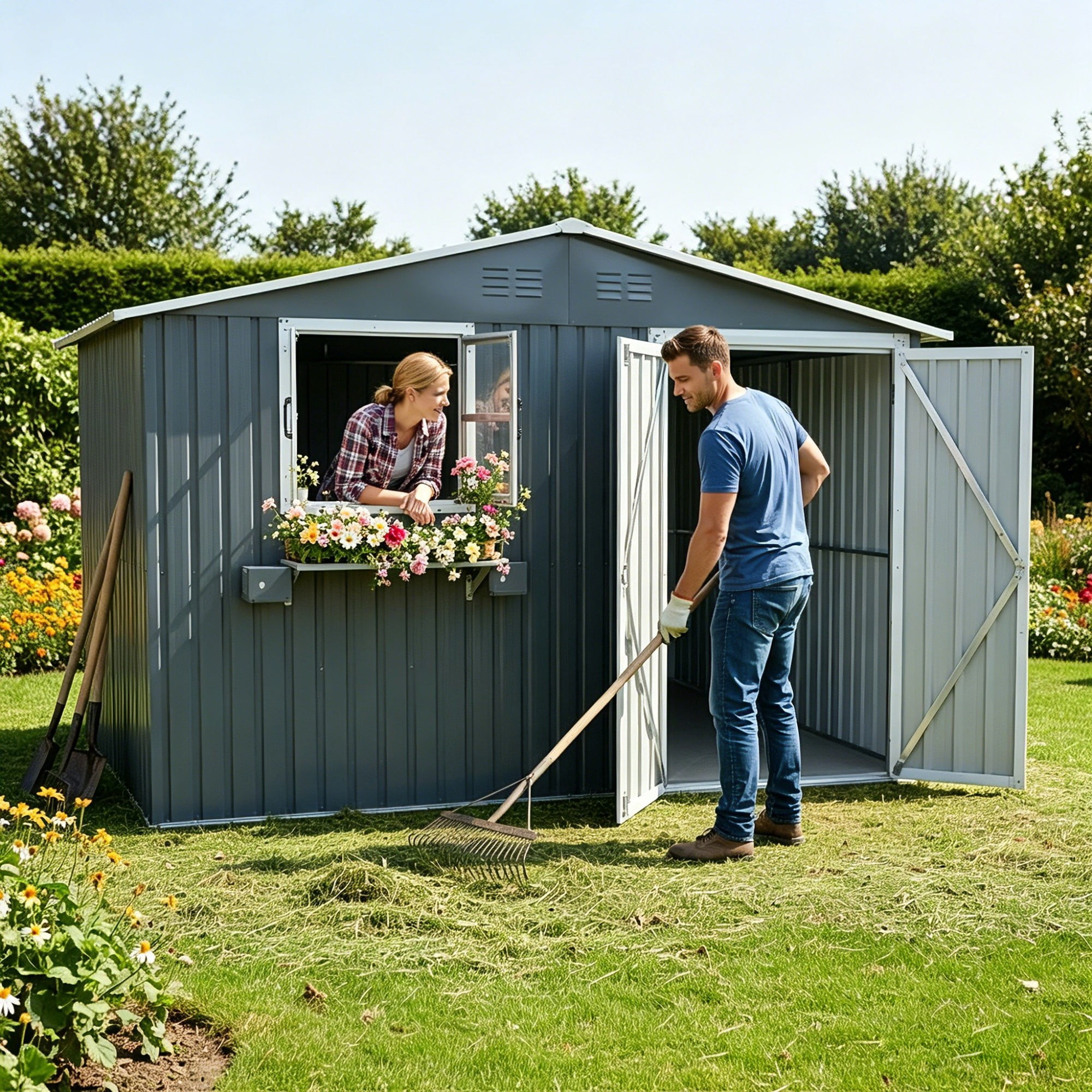 Aukfa 10x8 FT Outdoor Storage Shed with Lockable Doors&Flower Rack, Metal Garden Shed for Bike/Generator/Tool Storage, Coal Gray