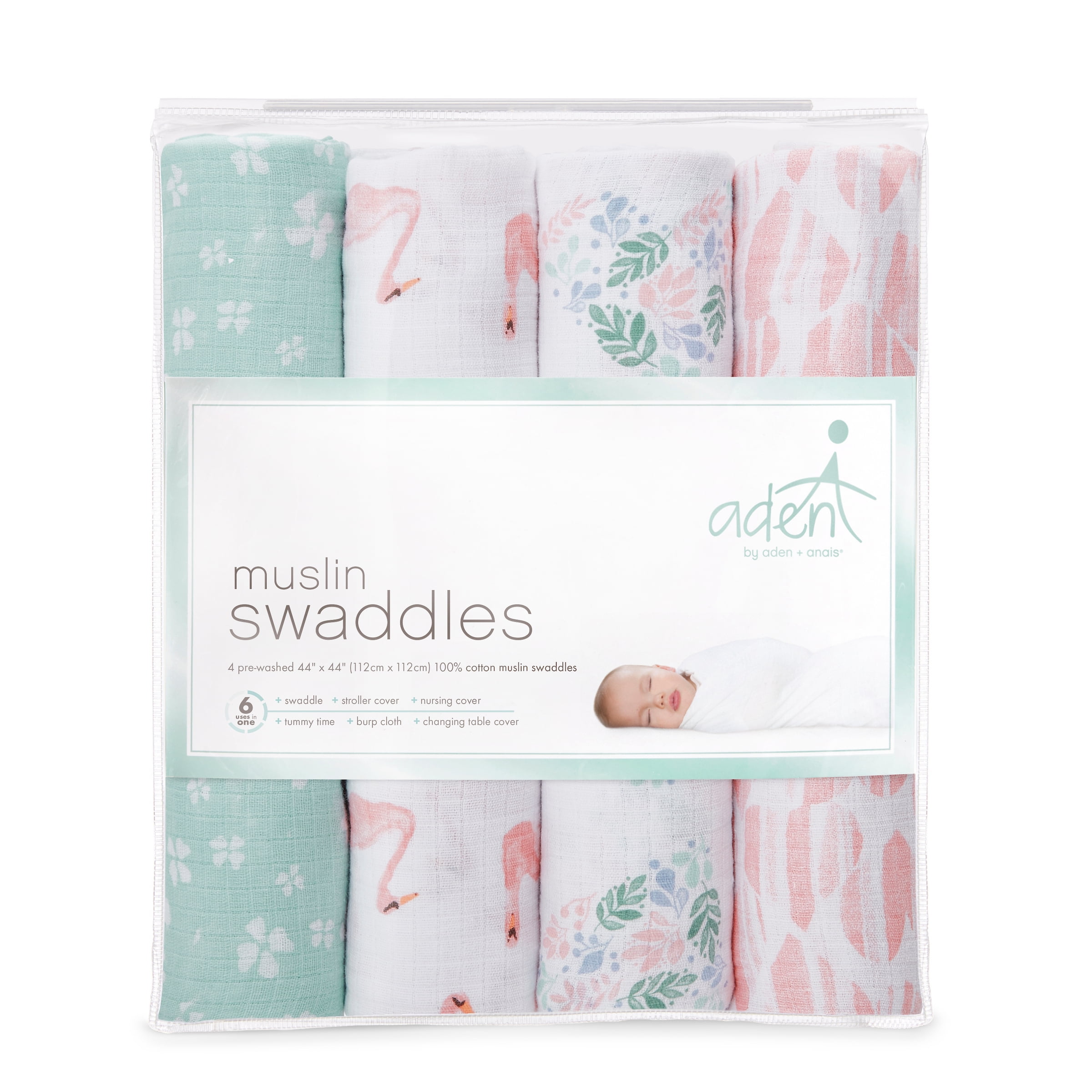 aden + anais Essentials 4-Pack Cotton Muslin Swaddle Blankets, Briar Rose