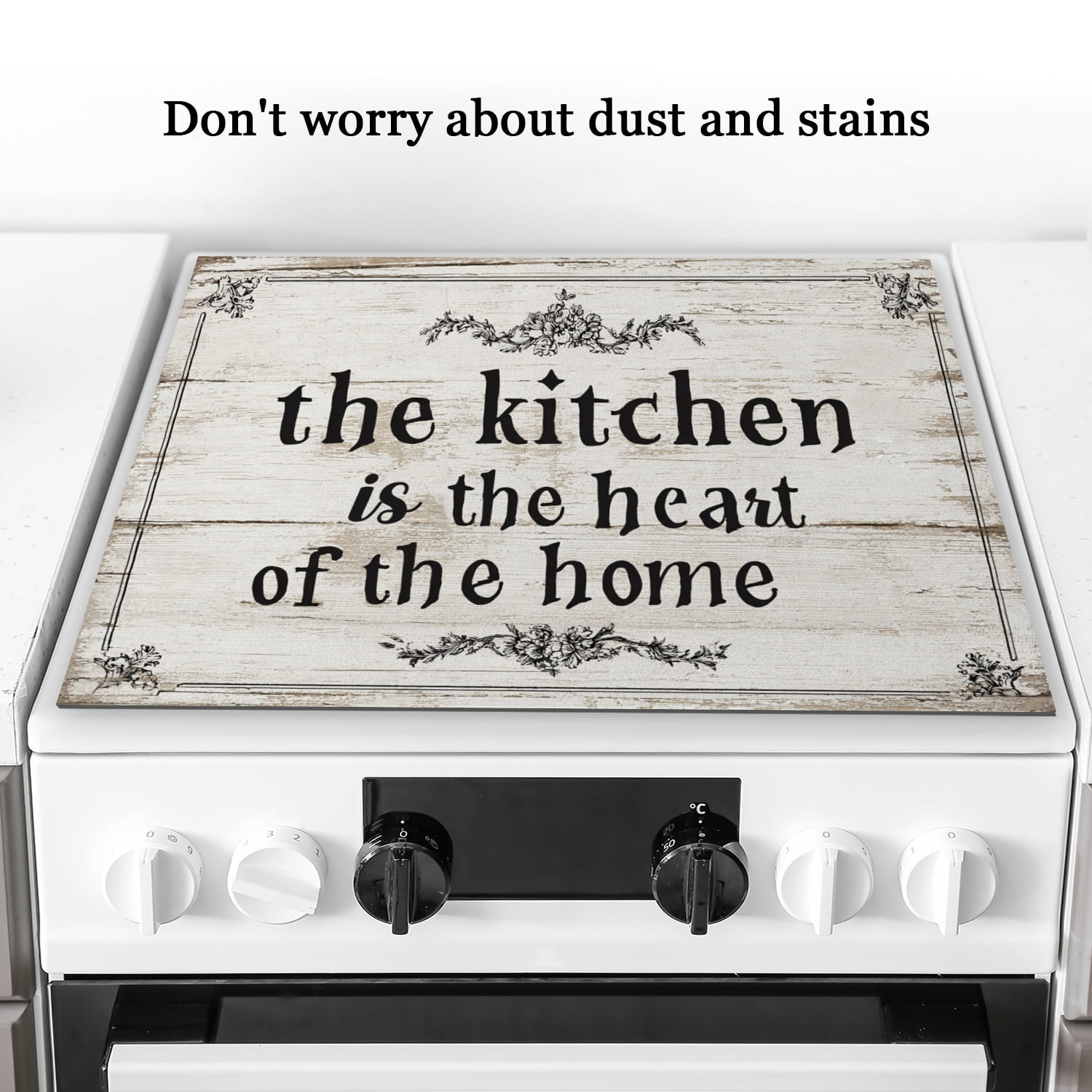 Electric Stove Top Cover Protector, Rustic Wood Style The Kitchen is The Heart of The Home Print Diatomite Glasstop Protector, Square Waterproof Stovetop Mat for Kitchen RV (28×20 Inch)