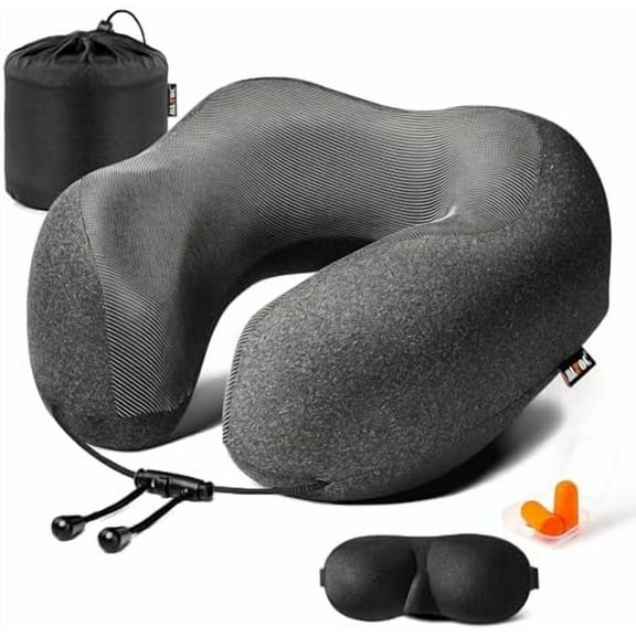 MLVOC Travel Pillow 100% Pure Memory Foam Neck Pillow, Comfortable & Breathable Cover, Machine Washable, Airplane Travel Kit with 3D Contoured Eye Masks, Earplugs, and Luxury Bag, Standard (Black)