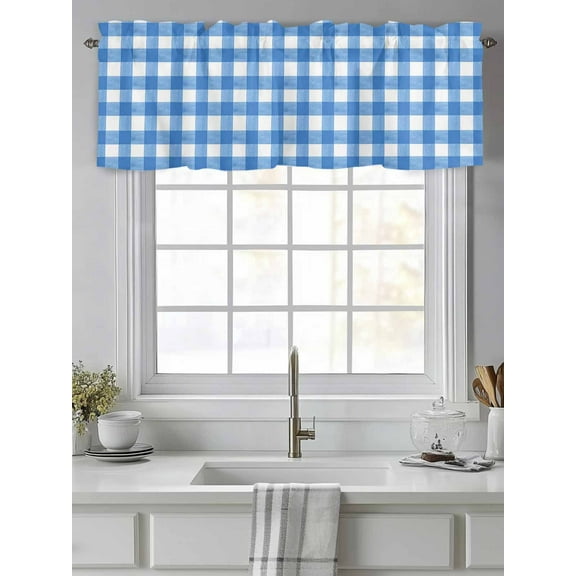 Curtain Valance for Windows,Light Blue Gingham Check Kitchen Valances Rod Pocket Short Curtains,Country Classic Plaid Window Treatment Panel for Bedroom Bathroom 42"x12"