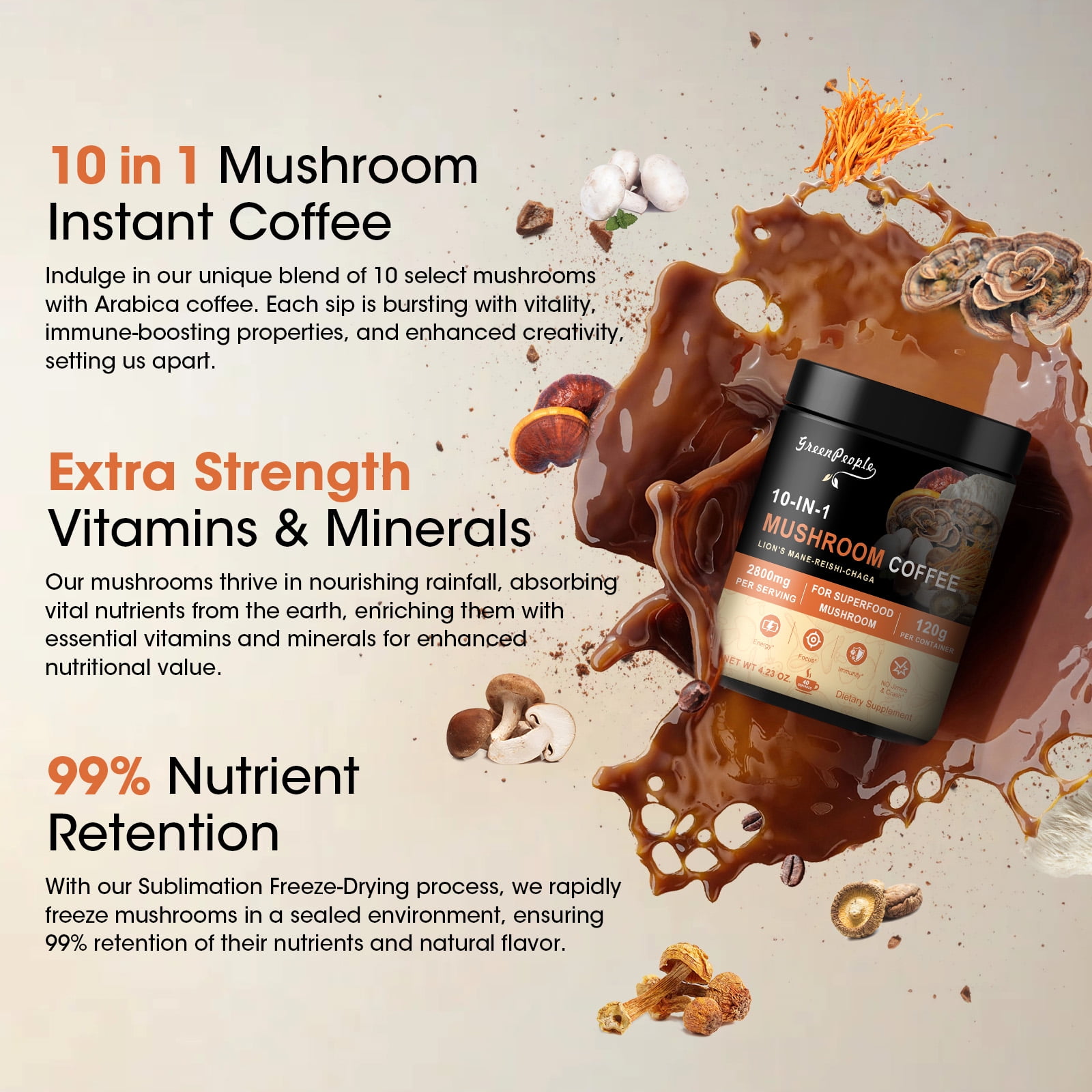 (2 Pack) Mushroom Coffee Powder 2800 mg (40 Servings), 10-in-1 Mushroom Blend Supplement 120g (4.23 oz)