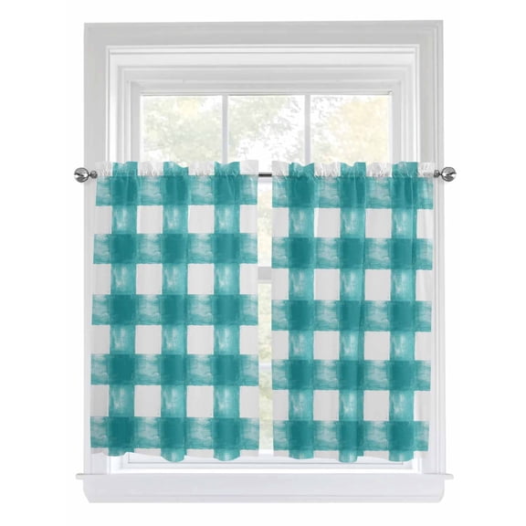 Kitchen Curtains 54 Inches length, Turquoise Buffalo Check Window Treatment Curtain Drapes, Farmhouse Modern Teal Plaid Decorative Window Curtains for Bedroom Cafe, 52"x54", 2 Panels