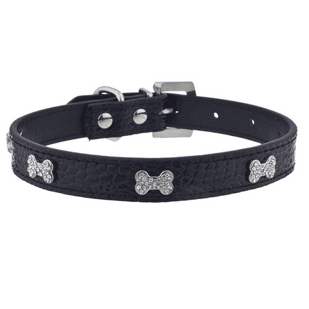 Bones Leather Dog Collar - Lux Accessories Black Leather Pave Dog Bone Pet Fashion Cat Dog Collar Necklace