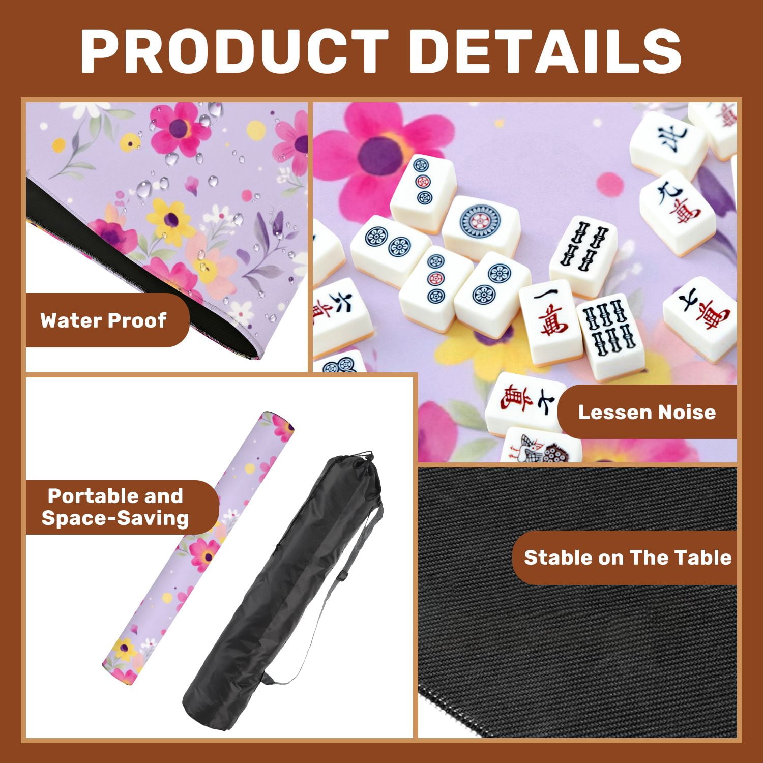 Mahjong Mat 31.5" x 31.5" Seamless Colorful Watercolor Flowers Lavender Non-Slip Noise Reduction American Mahjong Tiles Table Cover for Dominoes Poker Card Board Games Gift